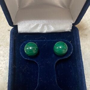 14k gold Earrings with Green Malachite Round Stud stamped on the backing